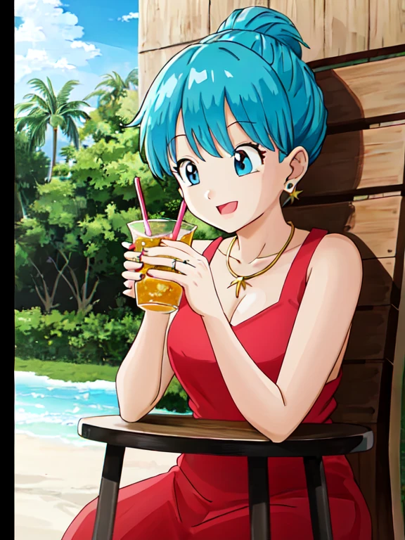 ((extremely detailed CG unity 4k wallpaper)),(masterpiece),(ultra quality),(ultra-detailed),(best illustration),(best shadow),(Extremely Detailed),(absurdres),(detailed background), Bulma, 1girl, solo, blue hair, blue eyes, jewelry, earrings, eyewear on head, sunglasses, lipstick, makeup, short hair, tree, tropical drink, bulma, drinking straw, flower, palm tree, drink, chair, food, necklace, smile, cup, fruit