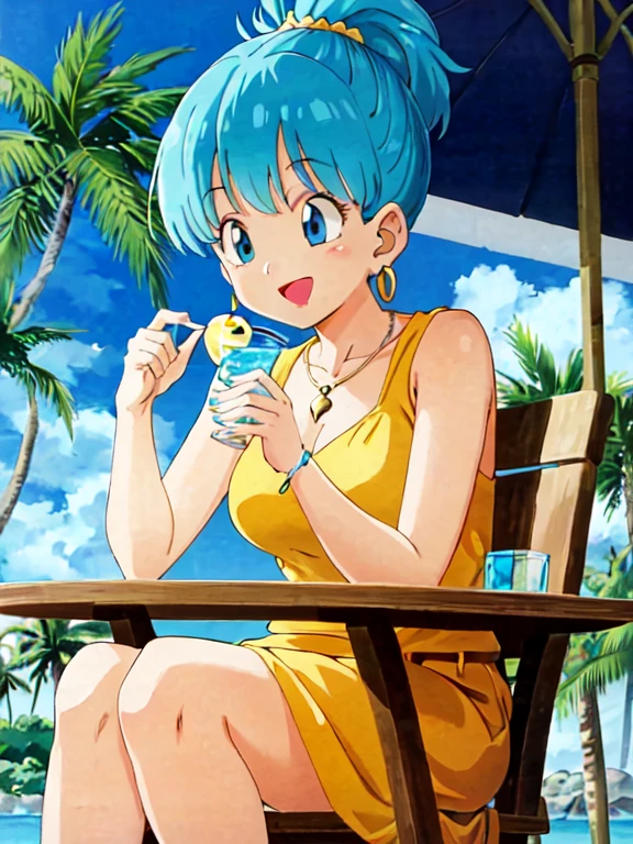 ((extremely detailed CG unity 4k wallpaper)),(masterpiece),(ultra quality),(ultra-detailed),(best illustration),(best shadow),(Extremely Detailed),(absurdres),(detailed background), Bulma, 1girl, solo, blue hair, blue eyes, jewelry, earrings, eyewear on head, sunglasses, lipstick, makeup, short hair, tree, tropical drink, bulma, drinking straw, flower, palm tree, drink, chair, food, necklace, smile, cup, fruit