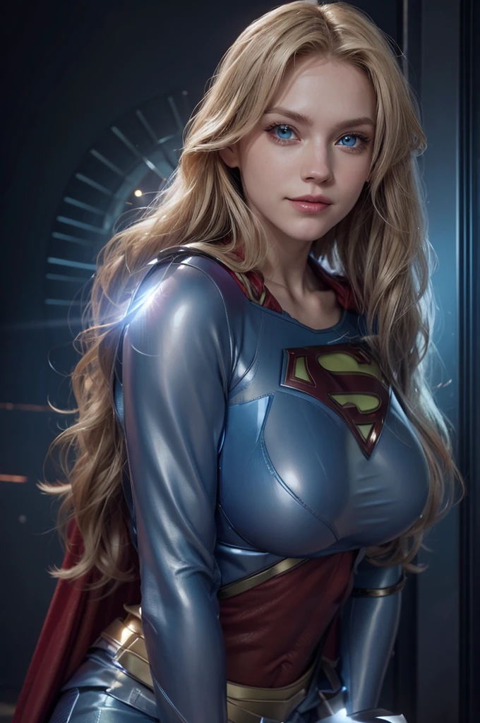Supergirl, extremely beautiful blue eyes, perfect blond hair, perfect armor suit, planet's in the background, rec cape, seductive smile 

