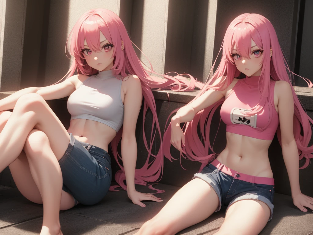 pink hair, crop top, pink eyes, long hair, shorts, crossed legs, hot, big
