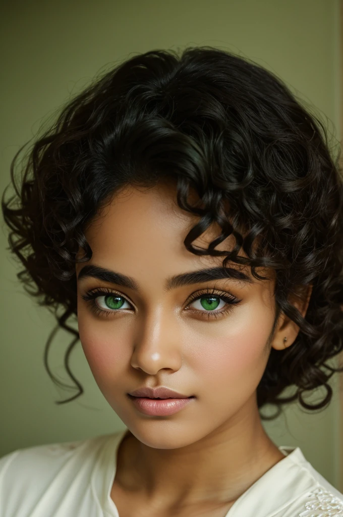 Realistic face of a 24 year old girl with curly black hair, full and delicate lips, BROWN SKIN, light green eyes with gazelle gaze