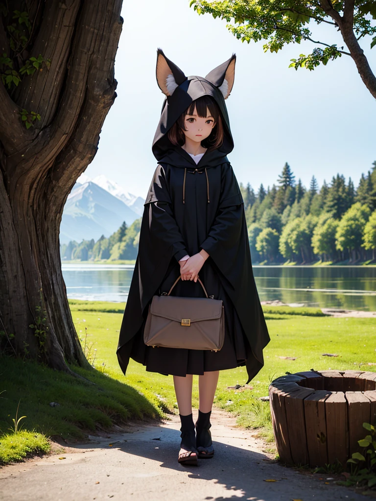 work of art, best qualityer,, 1 girl, sitting down, animal, animal ears, Bird, blackw_body hair, Boken, Bokenmark, filial, mitts, gram, green body hair, containment, containment Boken, hooded cloak, hooded cloak down, ventail, gazing at viewer, multicolored body hair, ocaneta_Boken, partially fingerless mitts, caneta, plantar, duffel bag, plume, leitura, sitting down, ssmile, standing alone, Tailpussy, Tree, Tree stump,, sky, floor, moutain, forst, lake