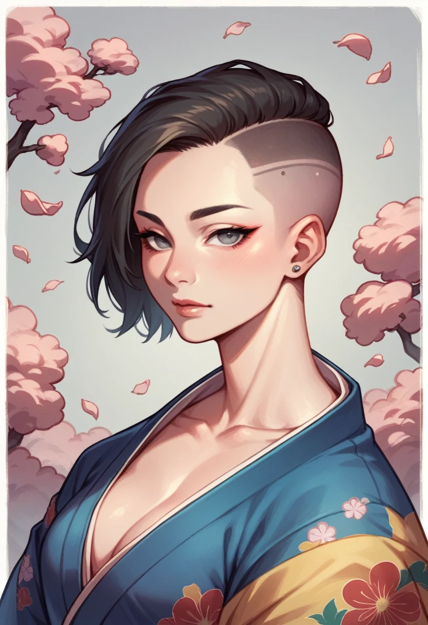 Asian woman, kimono with neckline, side shaved hair long , gray eyes, pretty and sexy and cutie