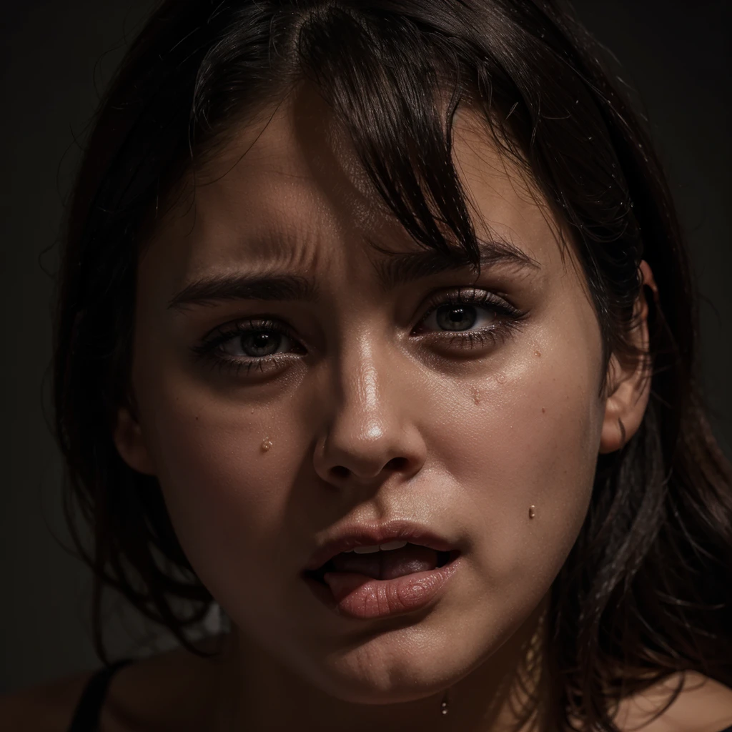 Photorealistic 4k, darkened room, close up, scared dark haired woman looking up, crying, mouth partially open.