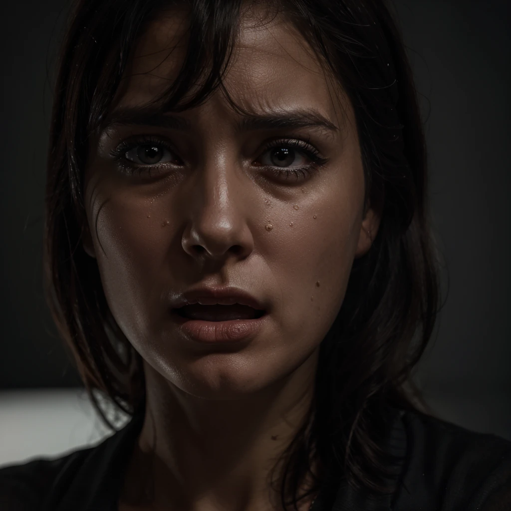 Photorealistic 4k, darkened room, close up, scared dark haired woman looking up, crying, mouth partially open.