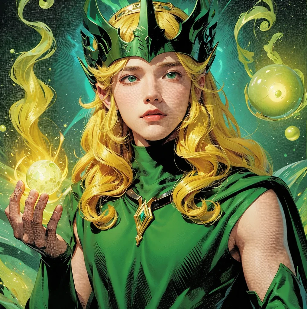 American classic comics art: Enchantress young boy, very young man ethereal delicate, long bright yellow blond hair with beautiful waves, green helmet tiara on his forehead, strong-green sleeveless enchanting wizard outfit delicate, long gloves, covered neck, emerald-green fire magic energy sphere, very young face man, green eyes, tight dark green leggings, The Enchantress Marvel outfit man, classic medieval enchanting man, comic book