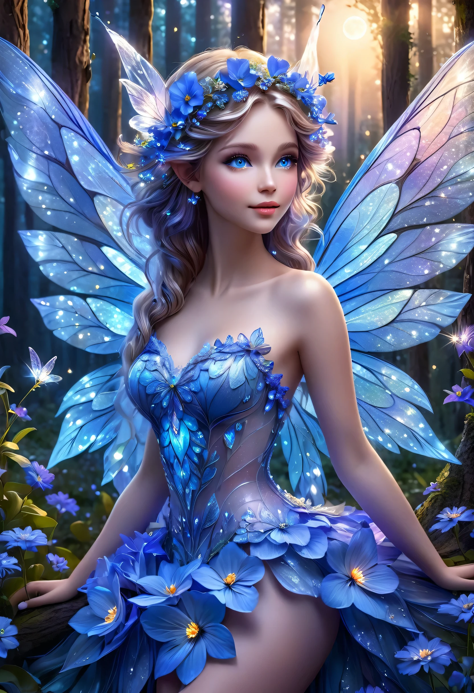 A beautiful fairy made of blue flowers, clear eyes, ((transparent and iridescent wings)), highly detailed, in a perfect half-length, realistic, realistic, in an enchanted forest, colorful flowers, at dusk, a big moon shines through the trees, splashes of lights in the air, highly detailed, half-length, dynamic, cinematic, masterpiece, intricate, hdr, abstract fractal, romantic atmosphere. 8k.