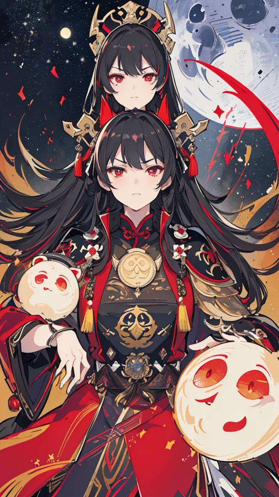 (Very detailed 8k 壁紙),(Super detailed),(Highest quality),(masterpiece),(Very detailed),(Cinema Lighting),(original),Cold Light,Sulky,((head shot)),(Chinese exquisite paintings),One girl,alone,Black hair with red tips,Ancient Chinese armor,laughing,(((Eyes shining in the moonlight))),((Villain image)),(((Arrogant look)))