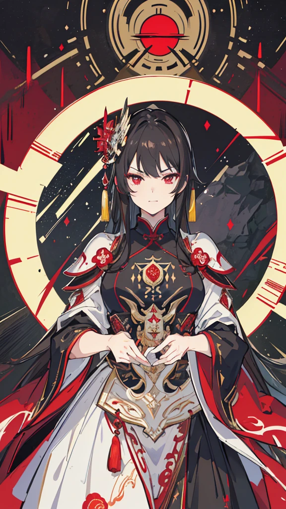 (Very detailed 8k 壁紙),(Super detailed),(Highest quality),(masterpiece),(Very detailed),(Cinema Lighting),(original),Cold Light,Sulky,((head shot)),(Chinese exquisite paintings),One girl,alone,Black hair with red tips,Ancient Chinese armor,laughing,(((Eyes shining in the moonlight))),((Villain image)),(((Arrogant look)))
