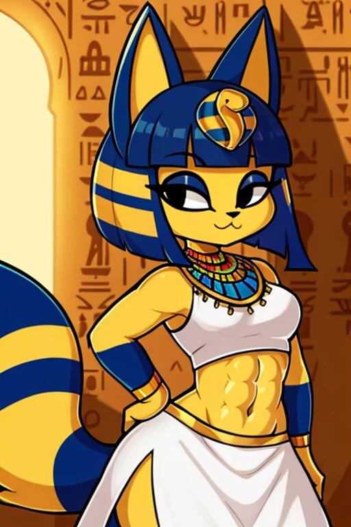 ((best quality)), ((masterpiece)), (detailed), a digital artwork of ankha with abs wearing a crop top of her white sleeveless dress with white long dress skirt, a bare midriff and a bare navel, Egyptian setting, tail, blue Egyptian handbands, furry, anthro style,