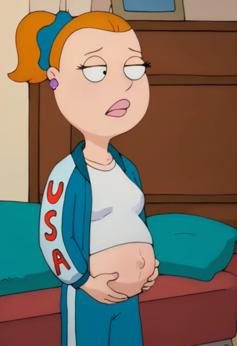 Score_9_up, score_8_up, score_7_up, Expressiveh, 1girl, solo, bwad, ponytail, orange hair, open blue jacket, blue pants, earrings, white shirt, pregnant, small belly, holding belly, bedroom,