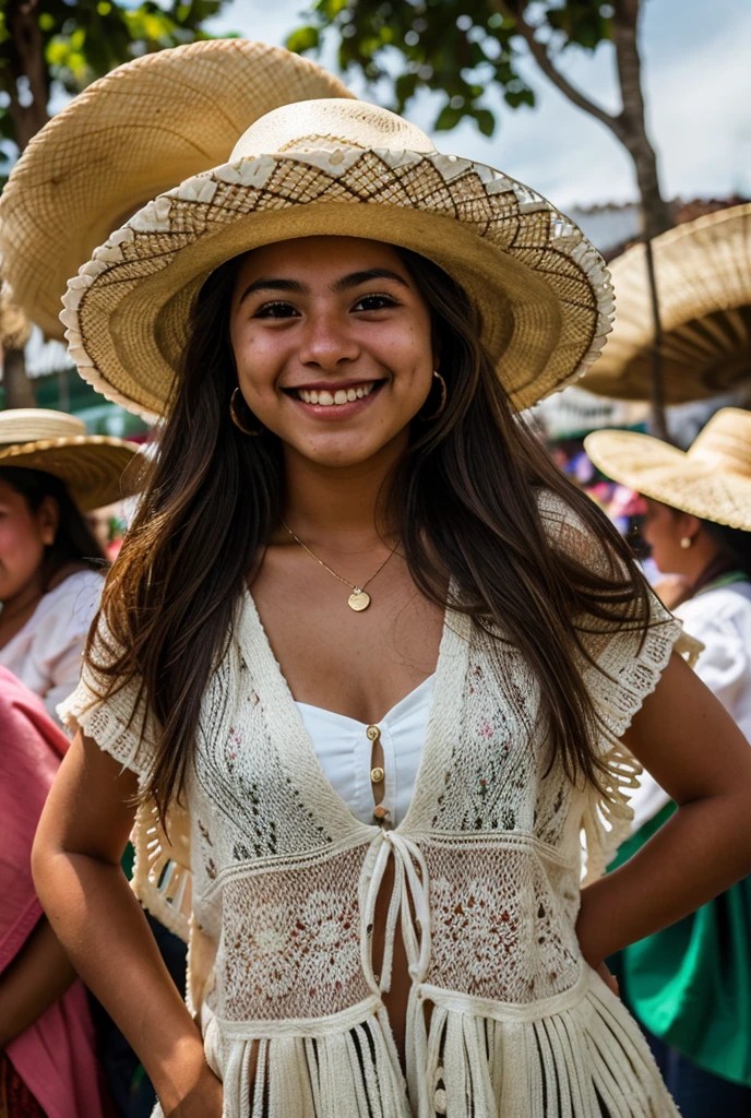 one colombian girl , on a Mexican Market, wearing a sombrero and poncho, RAW Photo, DSLR,  (depth of field), traditional hair, playful pose, 21yo, smiling,  stunning sunny weather,  soft lighting,