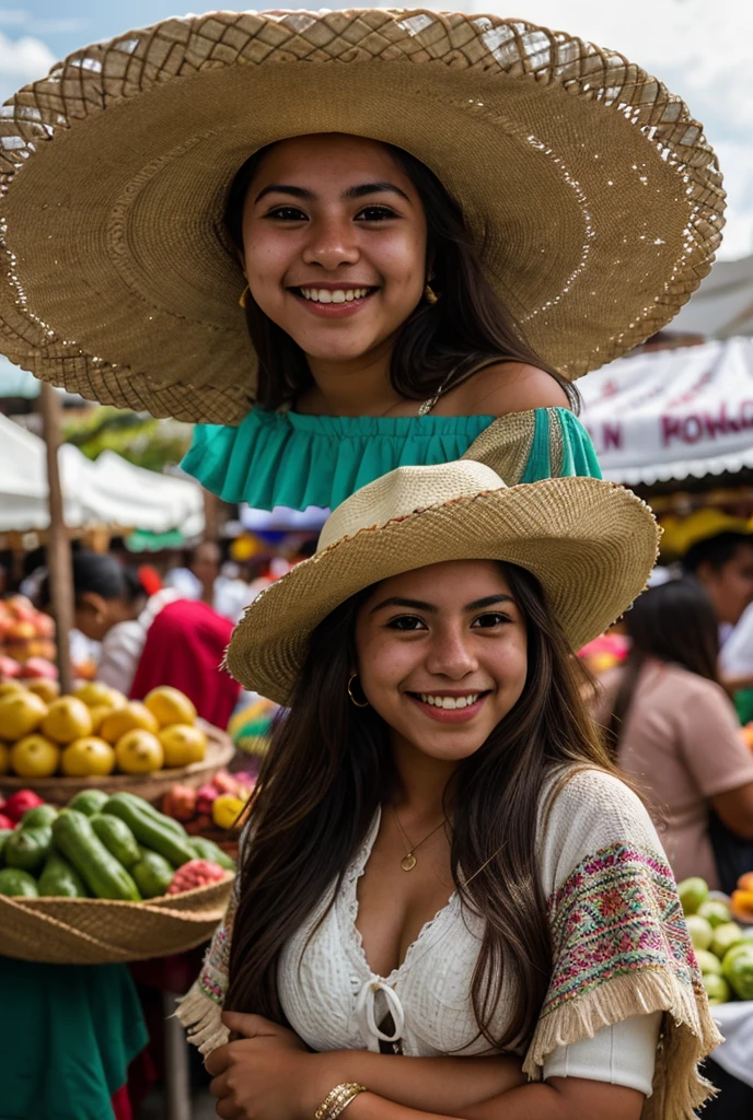 one colombian girl , on a Mexican Market, wearing a sombrero and poncho, RAW Photo, DSLR,  (depth of field), traditional hair, playful pose, 21yo, smiling,  stunning sunny weather,  soft lighting,