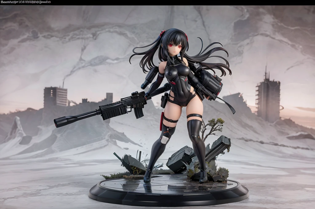 poseable articulated anime girl figure wearing a full-body heavy tactical black suit adorned with various accessories and military equipment, with red eyes and loose straight black hair. He is holding a tactical assault rifle in his hands., in a ready to attack pose. It has a destroyed city in the background. 4K quality