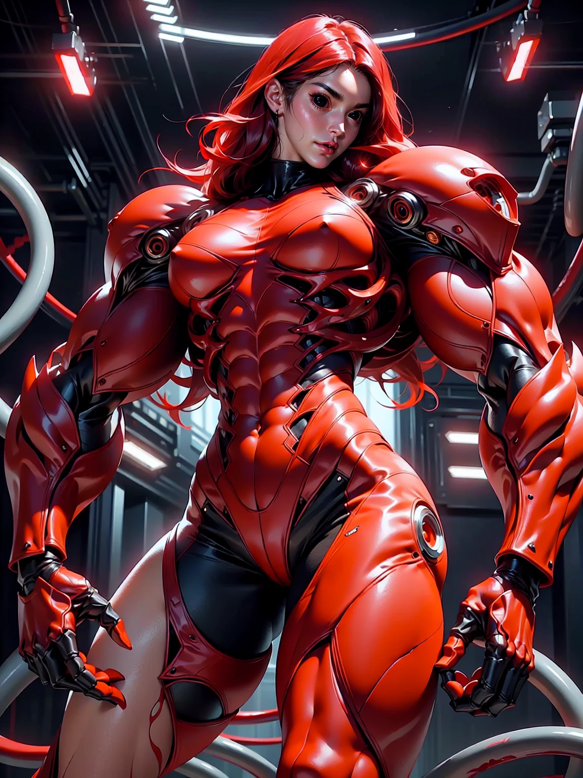 (1 girl), (megan fox), young girl, carnage muscular physique, seductive face, mouth wide open carnage style, long red hair, perfect muscular body, super skinny legs, cybernetic muscle suit, sissy, femboy, (carnage style physique),Fixhand, E-Girls_Mansion_Yang, kkw-colorc-neg, kkw-ph1