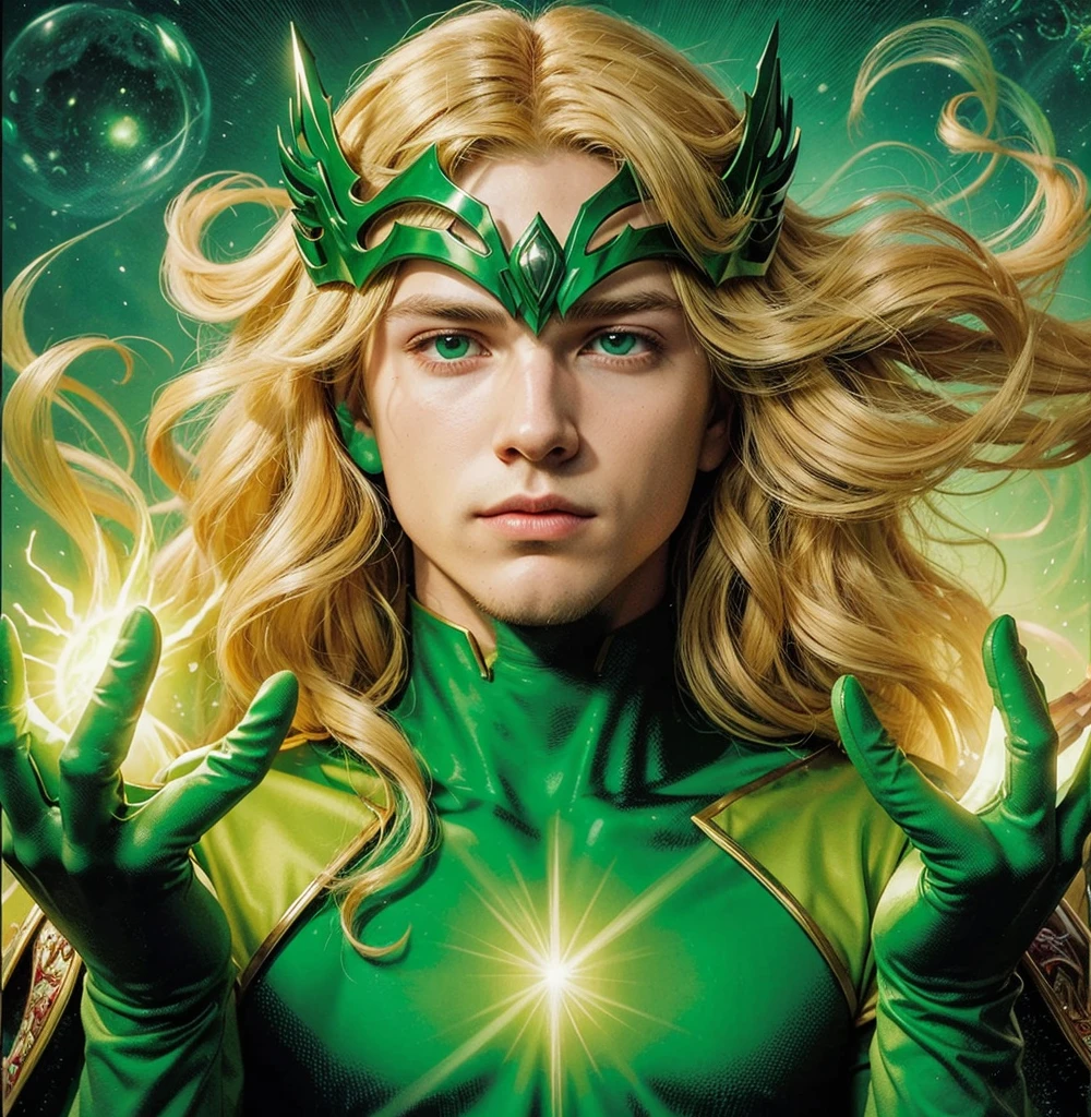 American classic comics art: Enchantress young boy, very young man ethereal delicate, long bright yellow blond hair with beautiful waves, green helmet tiara on his forehead, strong-green sleeveless enchanting wizard outfit delicate, long gloves, covered neck, emerald-green fire magic energy sphere, very young face man, green eyes, tight dark green leggings, The Enchantress Marvel outfit man, classic medieval enchanting man, comic book