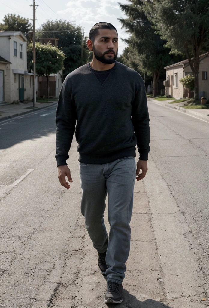 a latin man, 28 years old dark, without so much front, with comb over haircut for the side and medium black beard, sheltered with gray sweatshirt, with jeans, backwards, walking into nowhere , the scene at a distance well away from the camera focus , a scene in the middle of a road street and on the side field and plain. wide angle camera scene, contemplative scene, full body shot, sun and daylight, movie perspective, High Definition, photorealistic