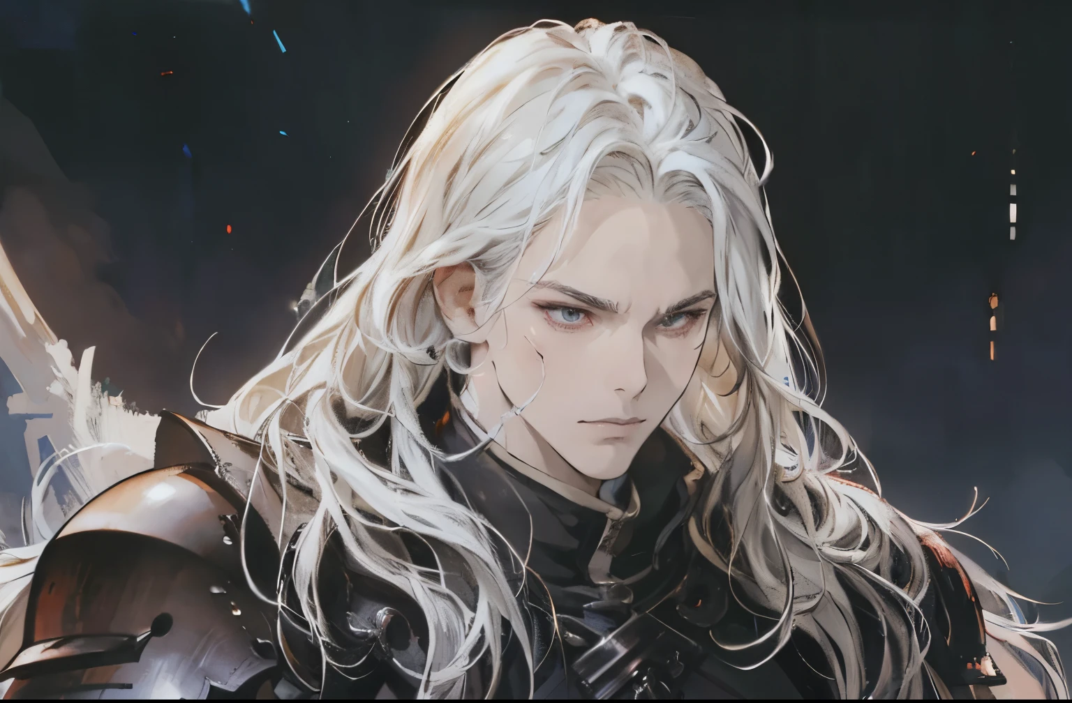 ((Masterpiece, Highest quality)), Detailed face, anime character, 1 knight, white hair, shiny gray armor, gothic, red eyes, scenery of ruined buildings, serious look, straight nose, strong man, close to the frame, long hair spread, detailed face, detailed eyes 