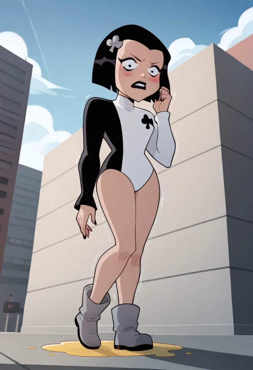 ((chibi, large head)),ace, 1girl, black hair, solo, white leotard, short hair, hairclip, black lipstick, long sleeves,full body, grey boots, bob cut,club \\(shape\\) ,score_9, score_8_up, score_7_up, score_6_up, score_5_up, score_4_up city, cityscape, (cameltoe), standing, seen from below, looking down, trembling,((wetting self, pee stains, puddle)), looking down ,hands on cheeks, shocked expression, clenching teeth, blushing,