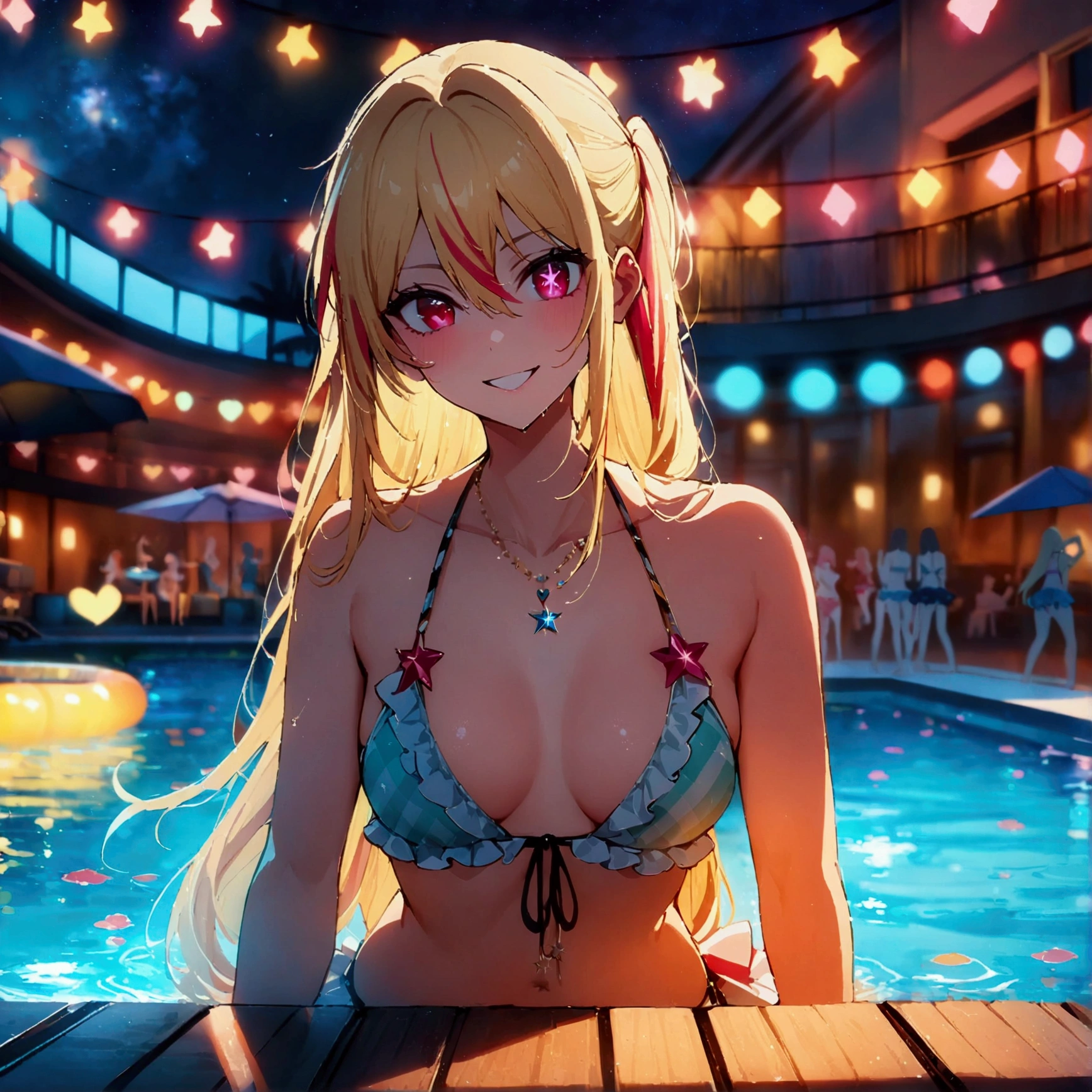 night pool, large heart-shaped pool, hoshinoruby, star-shaped pupils, ruby_hoshino, idol, blonde hair, bangs, pink eyes, long hair, looking at viewer, red eyes, streaked hair, hair between eyes, left side ponytail, medium breasts, finely detailed skin, grin, frilled bikini, (legs together:1.3, sitting poolside), glass of cocktail, from side, (best quality, masterpiece, high quality, extremely detailed CG unity 8k wallpaper, intricate details), light particles, many pool lights, glittering illumination, caustics, DJ party on the other side of the pool, Swimsuit wearers audience, gorgeous party venue for a large crowd,