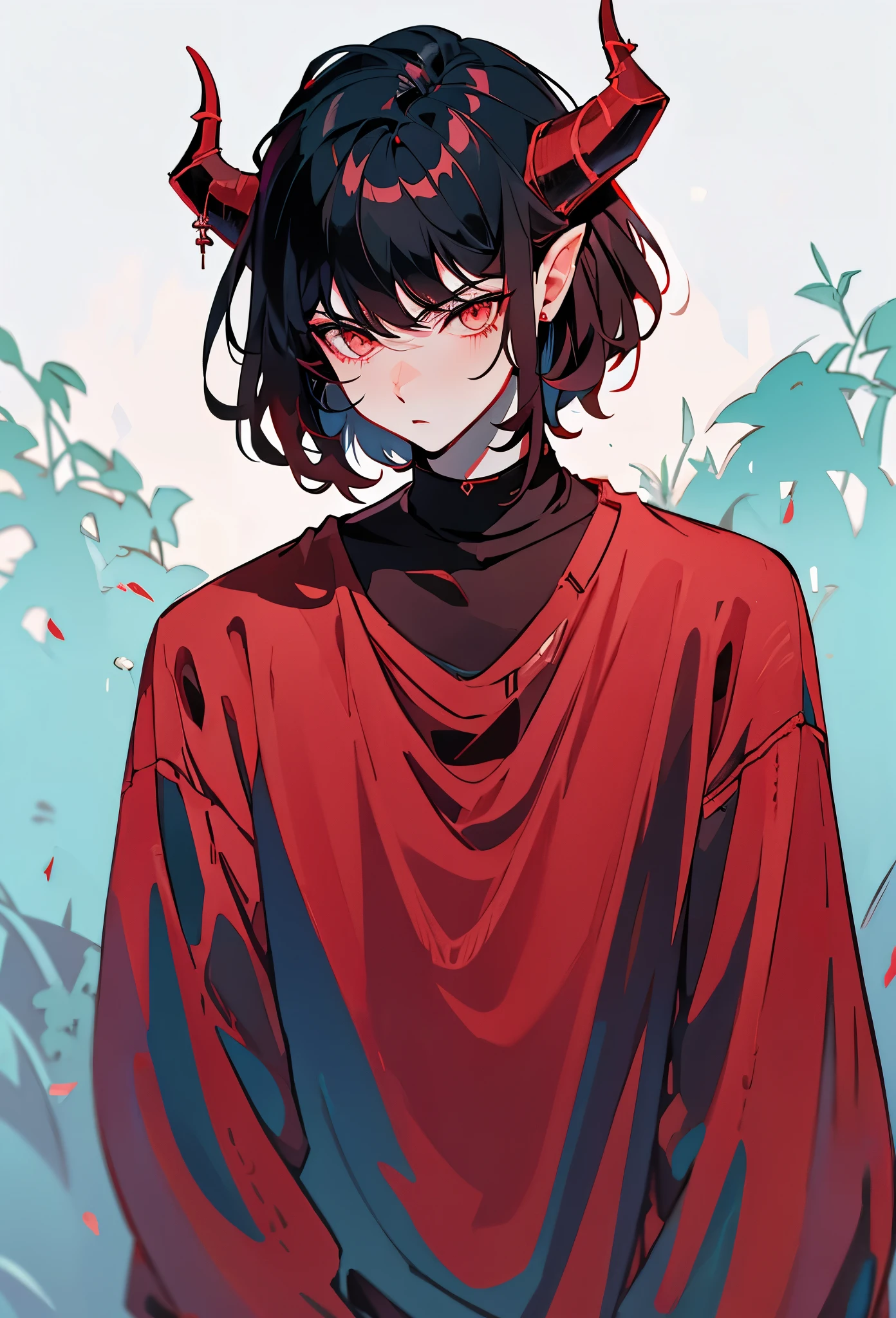 alone 1boy, masculino, s0fth0rns, red clothes , short black hair , with 2 horns in the head