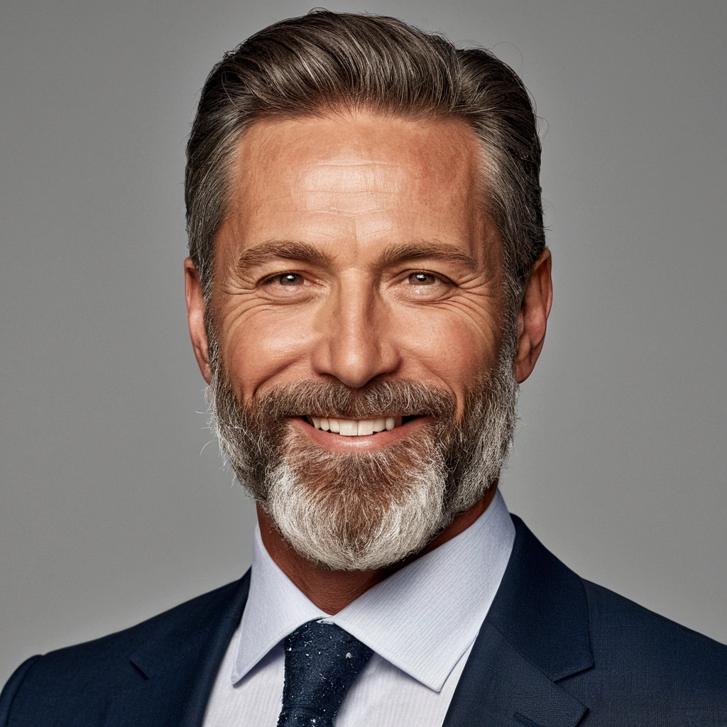A distinguished 50 year old man, prefect body, with a well-trimmed beard, a sparkle in the eyes and a smile.