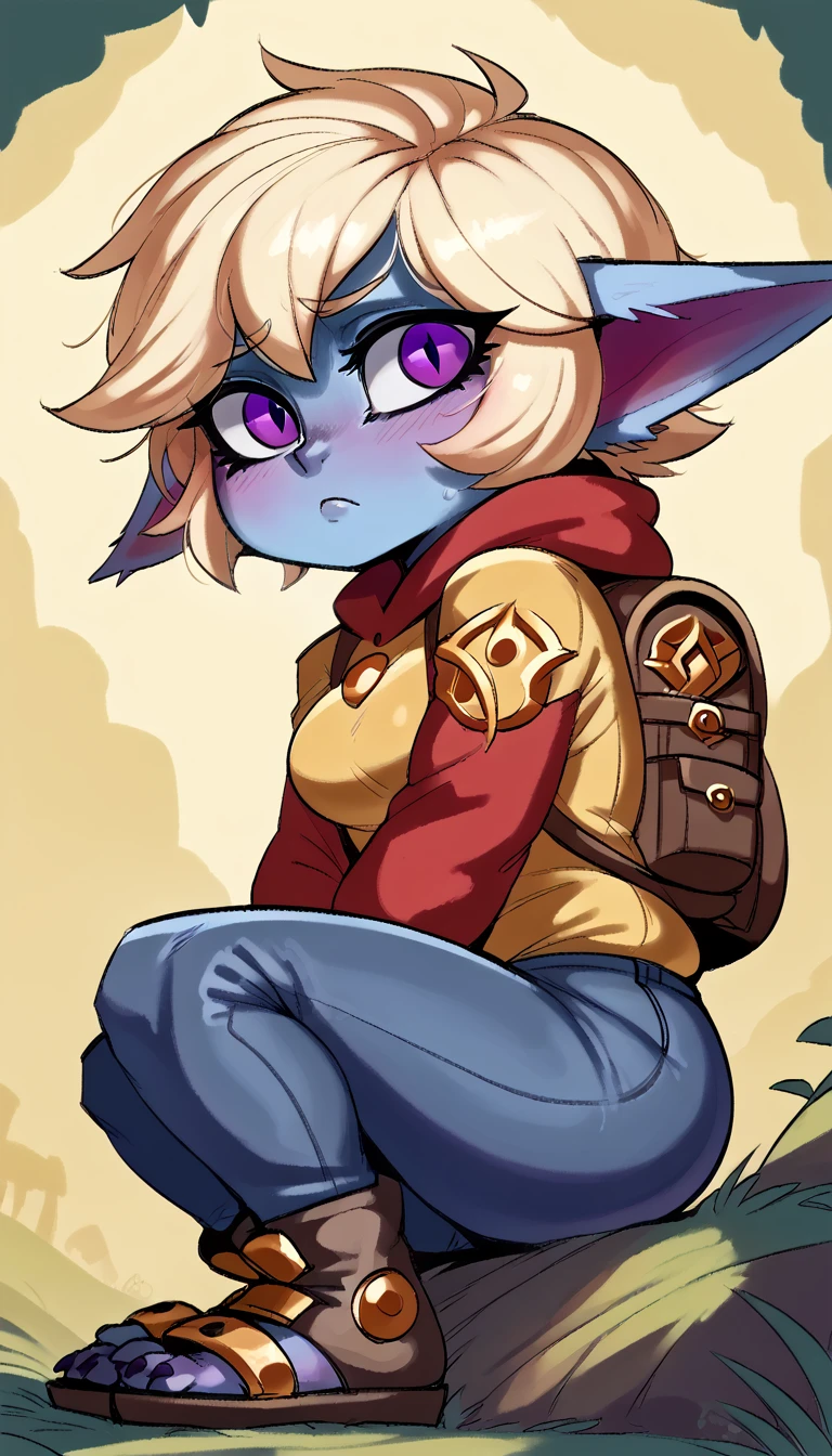 score_9, score_8_up, score_7_up, best quality, masterpiece, (absurdly high resolution:1.4), sitting, from side, from below, (close up, chest focus:1.2), (short, diminutive, smol),  yordle, (humanoid, blue skin, purple eyes, (long ears, horizontal ears), long horizontal yordle ears, claws, feminine), (hoodie, long sleeves, poncho, thick leather belts, pouches, backpack, long jeans, flipflops, heavy boots), cute, adorable, slim, thin, , tomboy, (hair, fluffy hair, short hair, thick hair, blonde hair), medium breasts, (neutral expression, shy, timid, blush lines, submissive), solo, dynamic pose, swamp, Expressive, young, expressive
