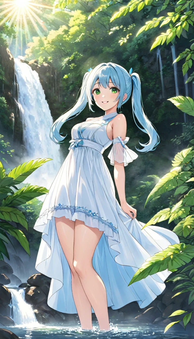 uma bela garota de anime, com cabelos brancos, olhos azuis, sorriso cativante, ela usa um fone de ouvido gamer, ela usa roupas simples, She is immersed in an ethereal and brilliant setting, amazing and detailed image