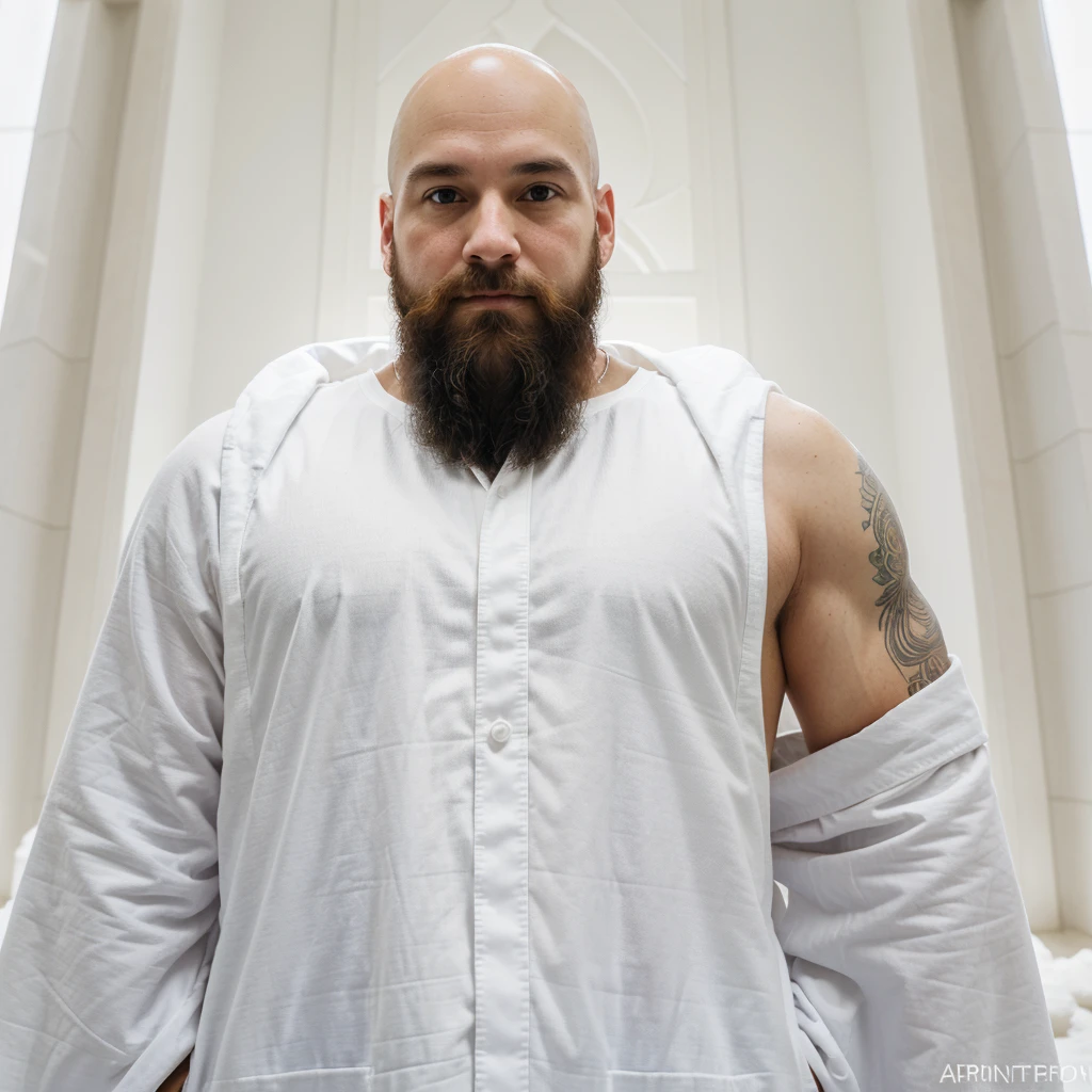 Spiritual 30 year old bald man, with a very neat and well-defined abundant beard,full body.He is spiritual and wears a white blanket. It is located in a brightly lit white temple. frontal photo, front point of view, Approach, realist,extreme illuminated environment.