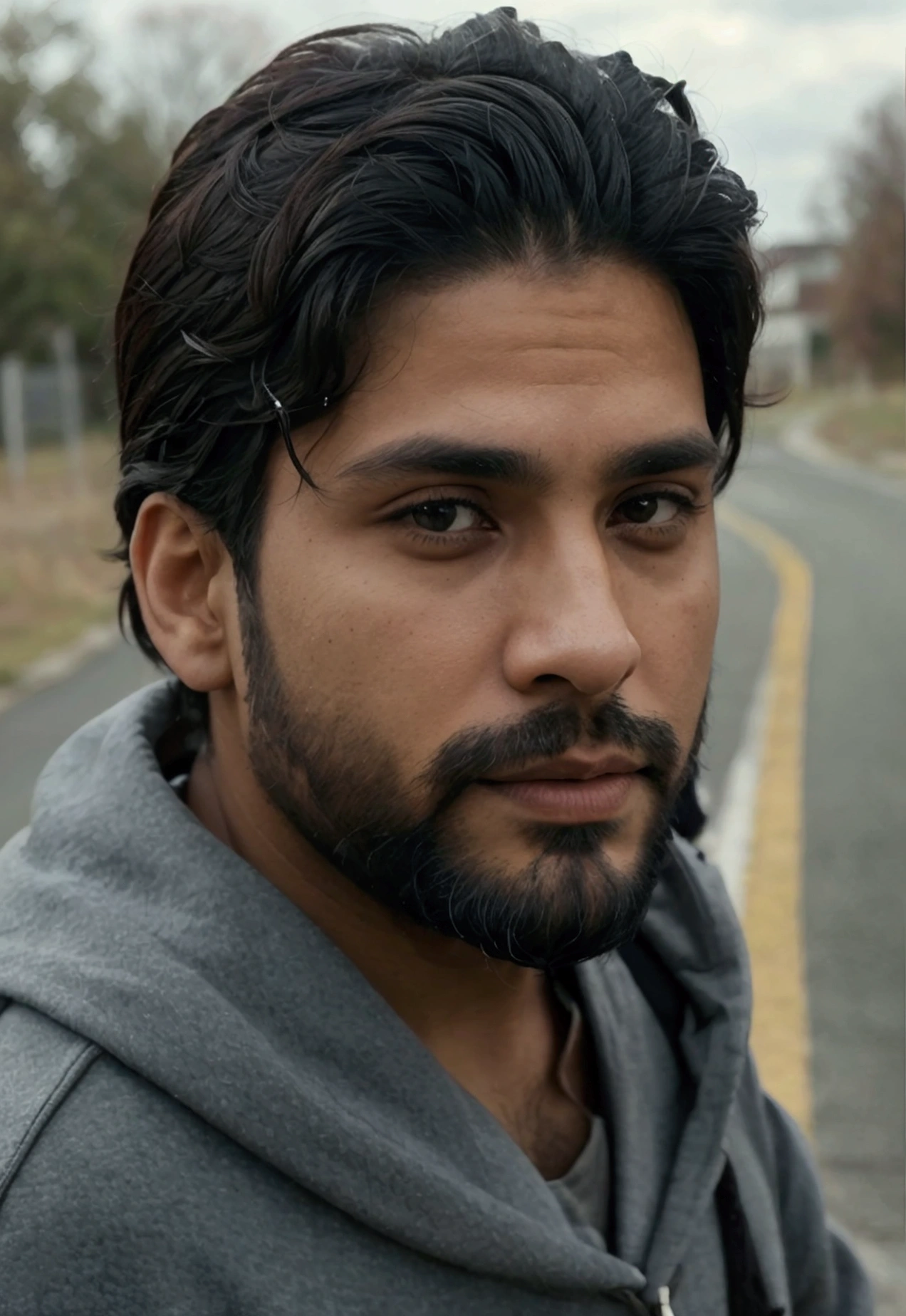 a latin man, 28 years old dark, without so much front, with comb over haircut for the side and medium black beard, sheltered with gray sweatshirt, with jeans, back to the camera, walking into nowhere , the scene at a distance well away from the camera focus , a scene in the middle of a road street and on the side field and plain. wide angle camera scene, contemplative scene, full body shot, sun and daylight, movie perspective, High Definition, photorealistic