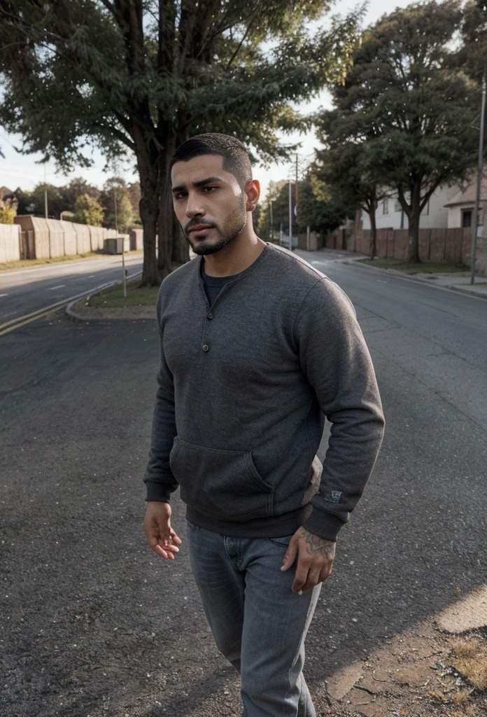 a latin man, 28 years old dark, without so much front, with comb over haircut for the side and medium black beard, sheltered with gray sweatshirt, with jeans, back to the camera, walking into nowhere , the scene at a distance well away from the camera focus , a scene in the middle of a road street and on the side field and plain. wide angle camera scene, contemplative scene, full body shot, sun and daylight, movie perspective, High Definition, photorealistic