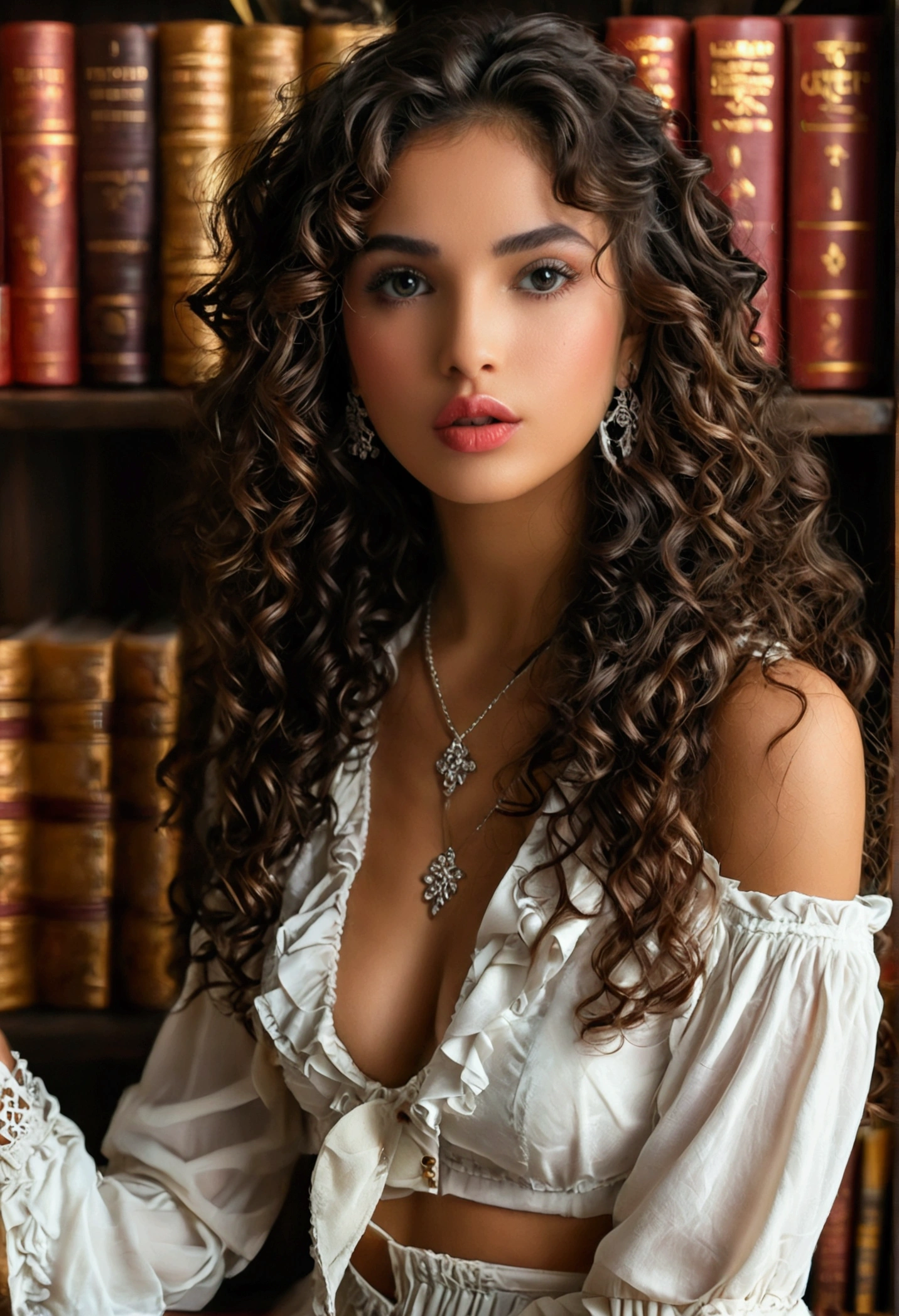 (((beautiful beautiful Isabela Merced, posing for photoshots, looking sexy, ruffled lips, Cabelo curto e curly, extremely beautiful eyes))), ((wearing floral silver necklace)), realistic photoshotgraph, highy detailed, Spitz focus, (Main lighting), (indoor bookstore environment), work of art, extremely beautiful, Perfect beauty, (perfect shape body, Broad Hips, small waist, thick-thighs, firm abs, Body cute, knees, kneecaps, focus on the knees, breasts small), ((30 years old)), (extremely detaild 8k wallpaper), ((face detailed)), (((wearing white shirt, saia curta de tweed, kneecaps, knees, nylons with a seam, Strad sandals)), (long dark eyelashes), (((aretes))), ((())), (((seen from behind))), (looking at the camera), ((())), (glamor model), (seductive facial expression) (((standing between tall shelves full of books))), extremely detaild, work of art, details Intricate, highy detailed, Spitz focus, skin detailed, realistic skin texture, texture, detailedeyes, high resolution, kodak vision color, photoshot_\(ultra\), Post-processing, maximum detail, roughness, real-life, ultra realistic, photoshotrealism, photoshotgraphy, absurderes, RAW photoshot, highest quallity, high detail RAW color photoshot, professional photoshot, extremely detaild UHD 8k wallpaper unit, best qualityer, high resolution, (work of art, maximum quality, high resolution:1.4), photoshot, cinematic, Film grain, Spitz, soft natural light, magic photoshotgraphy, super verbose