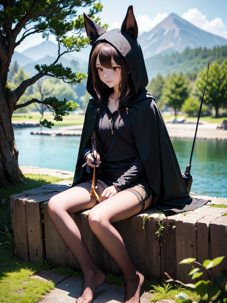 work of art, best qualityer,, 1 girl, sitting down, animal, animal ears, Bird, blackw_body hair, Boken, Bokenmark, filial, mitts, gram, green body hair, containment, containment Boken, hooded cloak, hooded cloak down, ventail, gazing at viewer, multicolored body hair, ocaneta_Boken, partially fingerless mitts, caneta, plantar, duffel bag, plume, leitura, sitting down, ssmile, standing alone, Tailpussy, Tree, Tree stump,, sky, floor, moutain, forst, lake, lingerie only