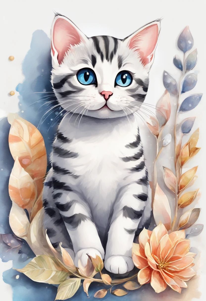 a cat of the American Shorthair breed, 3D watercolor style painting, American Shorthair cat, full picture, High contrast high resolution (photorrealistic:1.5), White background, sticker style, (raw photos, 8k hd,