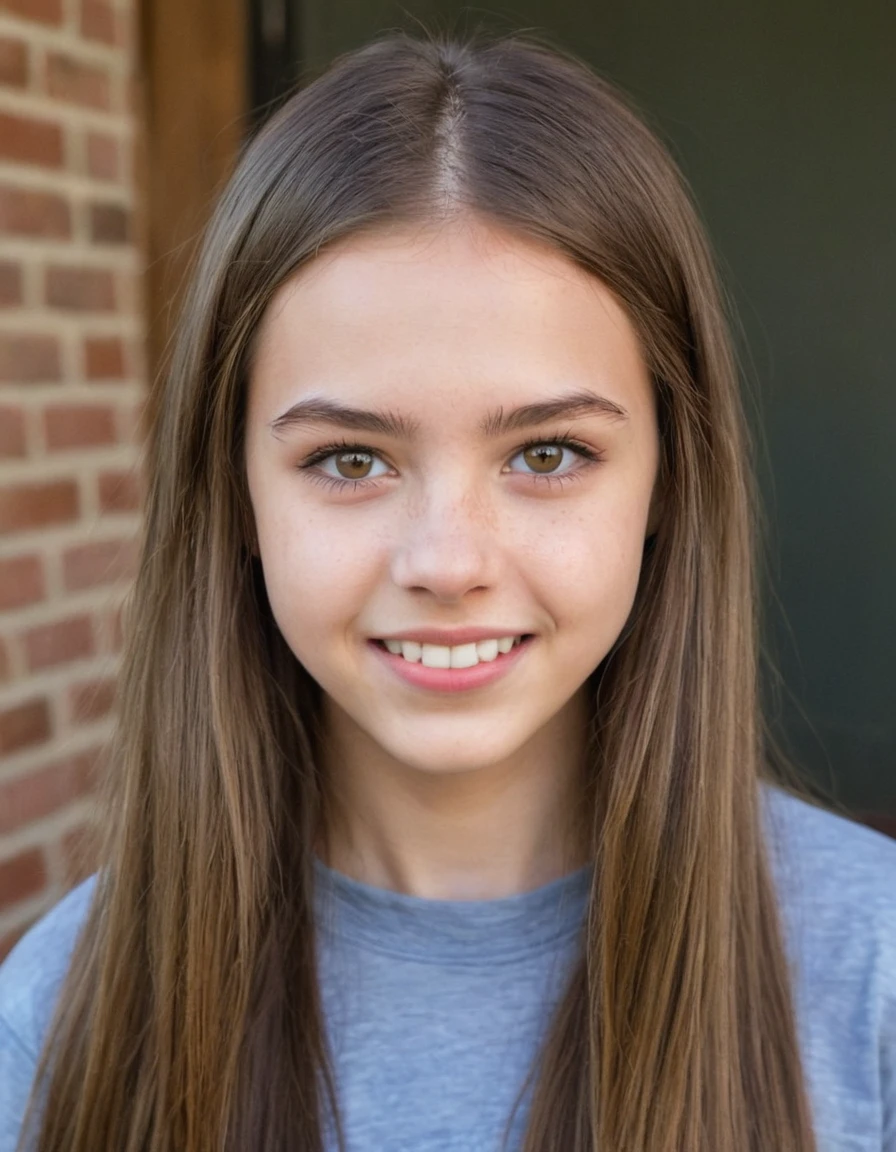 19 year old girl, pretty, very clear skin, Full mouth, long straight brown hair, styled hair, face photo, neutral facial expression, looking at the camera, realisitic