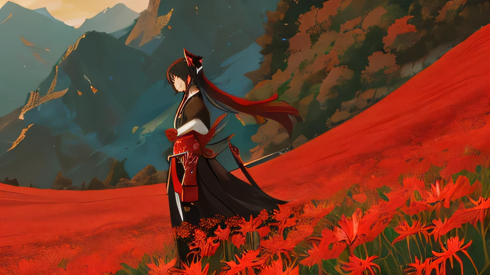 anime, Generate me a endless amount of red spider lilies. cartoon anime style art with a samurai standing in the field.