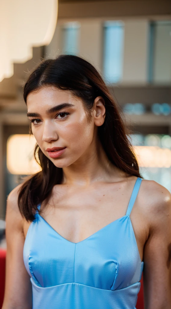 Dua Lipa with a light blue dress with butterflies with long red hair and natural makeup without flaws realistic and current face ultra 8k with lots of detail