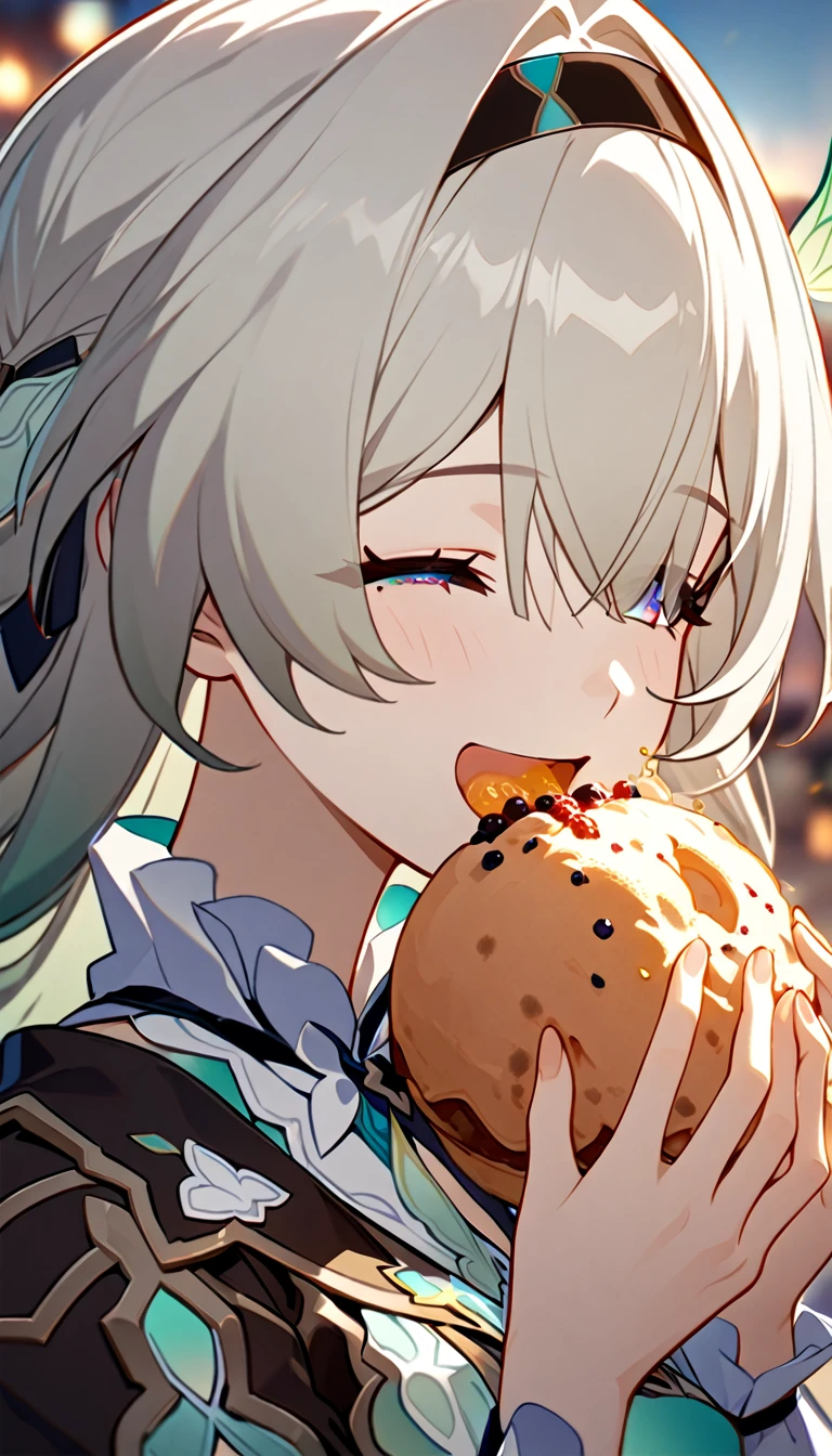 1girl, firefly, honkai star rail, eating desert, happy, detailed, high quality, fair, hd, detailed, good lighting, close up,
