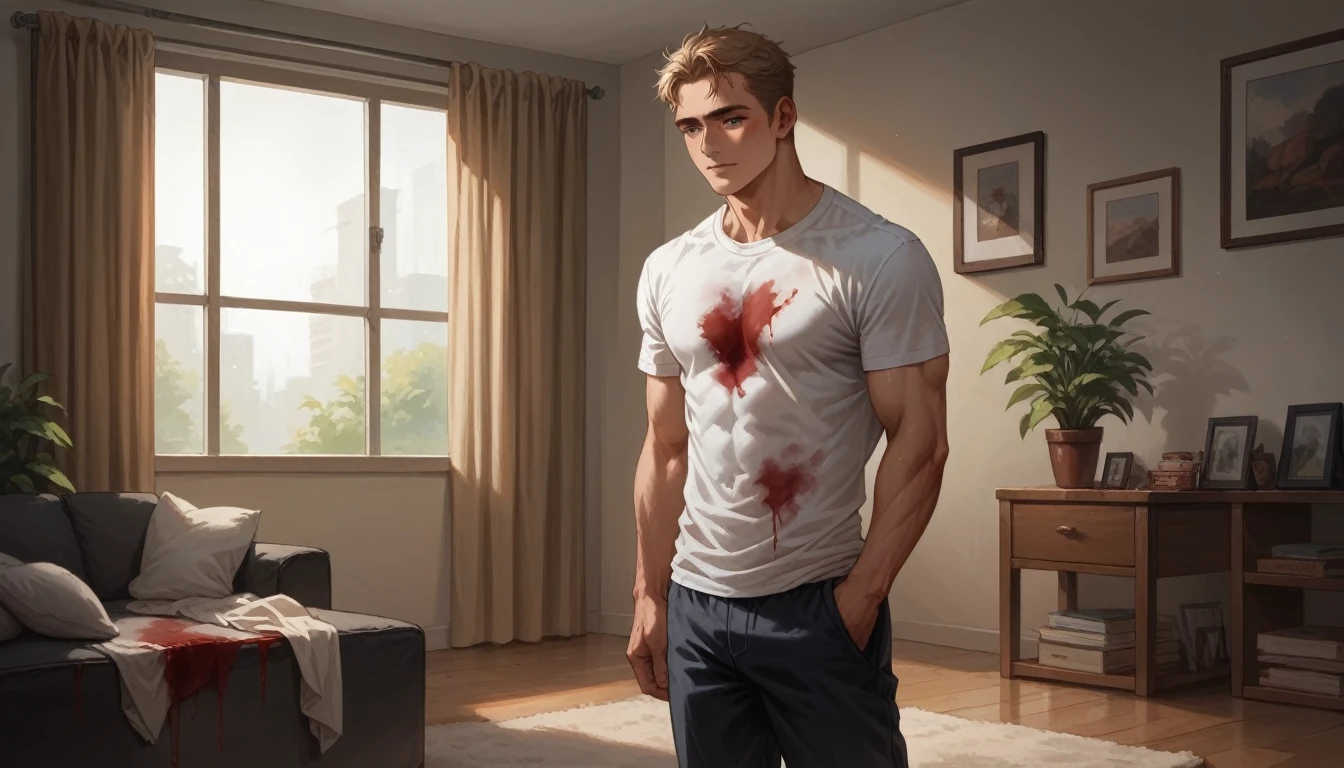 muscular, beautiful blond man, 25 years old, dressing white t-shirt , entering the living room, body front, blood stains on white t-shirt
