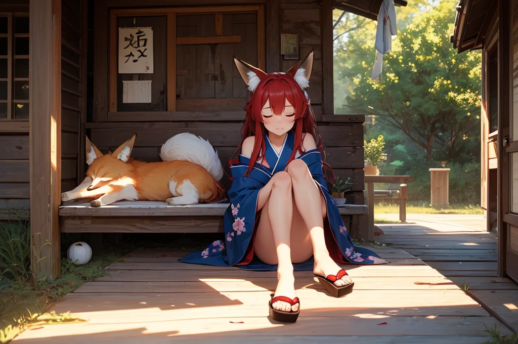 1 girl, long red hair, amber eyes, fox ears, Red kimono,legs open, sandals, lies on the porch of a wooden house, closed eyes, sleeping, curled up in a ball
