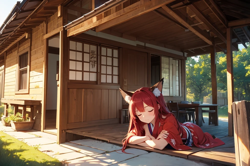 1 girl, long red hair, amber eyes, fox ears, Red kimono,legs open, sandals, lies on the porch of a wooden house, closed eyes, sleeping, curled up in a ball