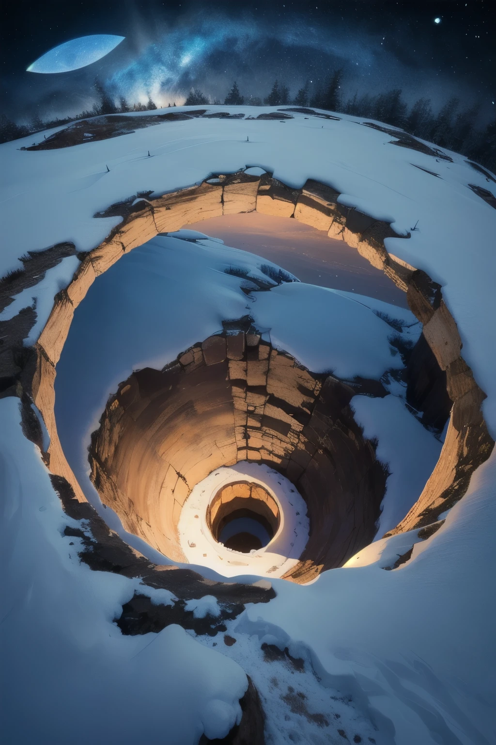 ((best quality)), ((masterpiece)), (detailed), A view from above of a snowy landscape with a large hole in the center, illuminated by moonlight