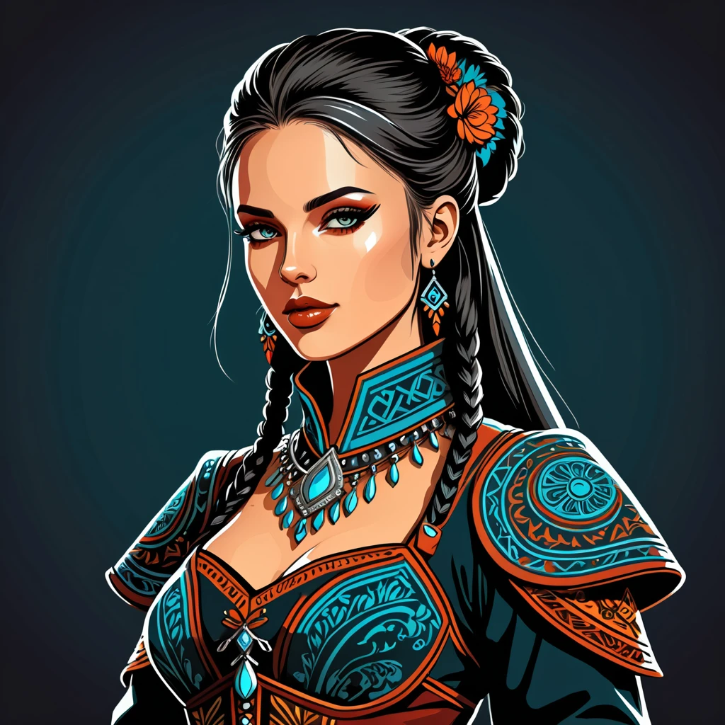 cyberpunk fantasy woman in folk outfit, vector graphics, strong contours