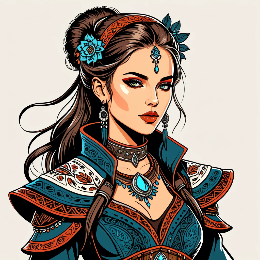 cyberpunk fantasy woman in folk outfit, vector graphics, strong contours