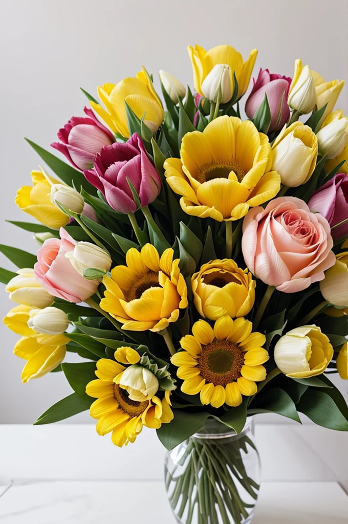 Create an image of a bouquet that combines tulips, sunflowers and roses. All tulips should be light pastel colors, like pink, lila or cream. Sunflowers should have petals in soft, warm tones., like pale yellow or cream. Roses should also be light pastel colors, like pink claro, melocotón or white. The image should convey a feeling of elegance and softness.