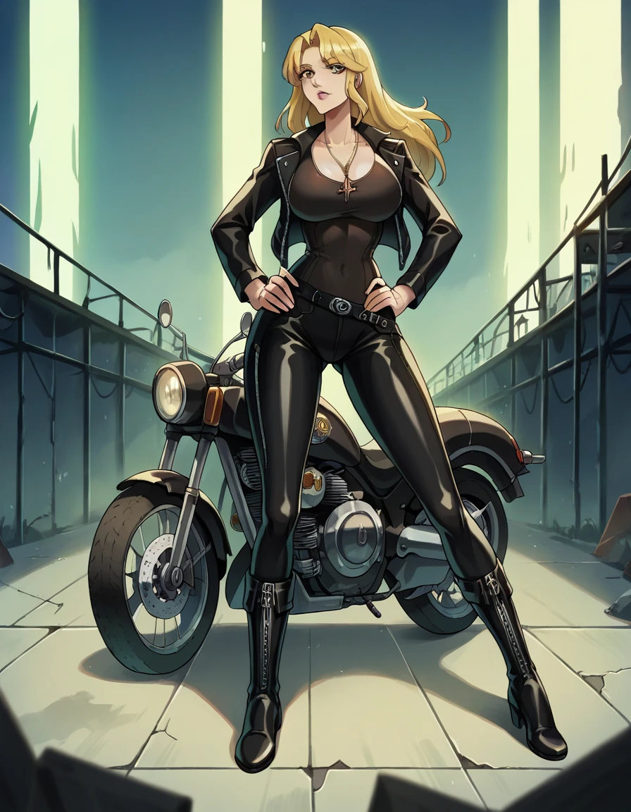 Masterpiece, best quality, Masterpiece, best quality, 1 woman, long blonde hair , black leather motorcycle suit , big breasts , abdomen , Long legs , Put your hands on your hips. , boots , full body , abandoned factory , at night