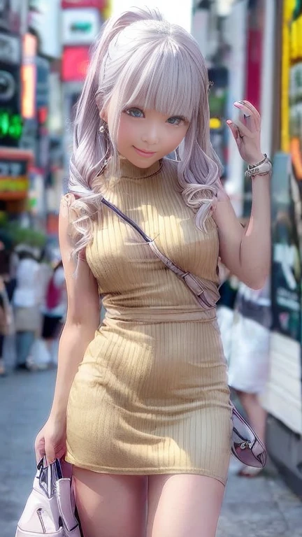 (Woman standing on the street in Tokyo:1.4)、(Realistic、Like a photograph、Live Action、8K, Realistic, RAW Photos, Best image quality: 1.4), Single-lens reflex camera、RAW Photos, Highest quality, Realistic, Very detailedな CG Unity 8K 壁紙, Written boundary depth, Cinematic Light, Lens flare, Ray Tracing, Realistic background、(Paisura:1.5、Tight sleeveless shirt:1.4、Tight mini skirt:1.4、(Small breasts:0.5))、((Silver Inner Color Hair:1.1))、 1 female,Cute Japanese Girl、((whole body:1.5))、Long Hair:1.2 like that style、stylish、Very detailed、Pay attention to the details、Perfect outfit、(Sunburned skin)、Beautiful legs:1.1、View from below、Accurate Arm、Meet on a street corner