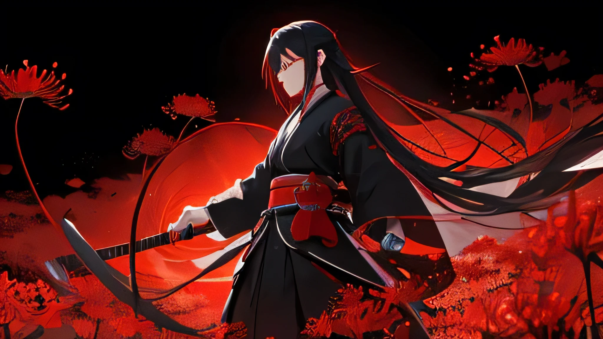 anime, Generate me a endless amount of red spider lilies.  anime style art with a samurai standing in the field. night time, edgy, dark, bloody katana, flowing hair. hd, master quality
