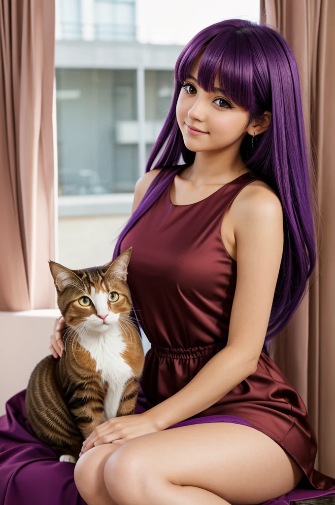 anime, purple hair girl, blushing, with brown eyes and red dress, cat orrjas