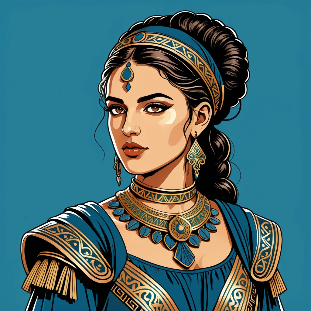 cyberpunk greek woman in folk outfit, vector graphics, strong contours